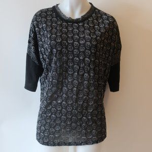 Womens Painting Black Silver Short Sleeve Metallic Skull Top S *